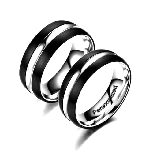 Ihanskio Anillo Personalizado Para Pareja De Anillos De Patrón De Rayas Azules En El Interior Puede Grabar Anillos De Compromiso De Boda De Promesa (Black, Custom)
