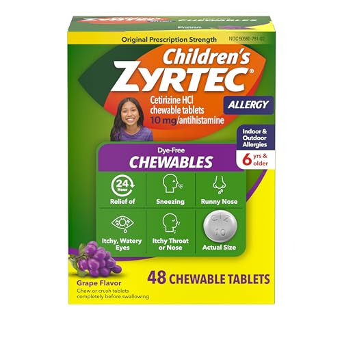 Image of Zyrtec Children's Dye-Free Chewables for 24 Hour Allergy Relief, 10 mg Cetirizine Hydrochloride Antihistamine Tablets, Kids Allergy Medicine Relieves Sneezing & Itchy Throat, Grape, 48 ct
