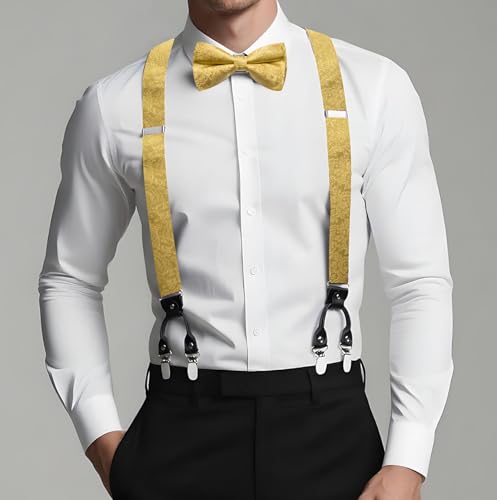 Image of Dubulle Suspender and Bow Tie for Men Paisley Solid Mens Suit Braces Pretied Bowtie and Handkerchief Cufflinks Formal Wedding