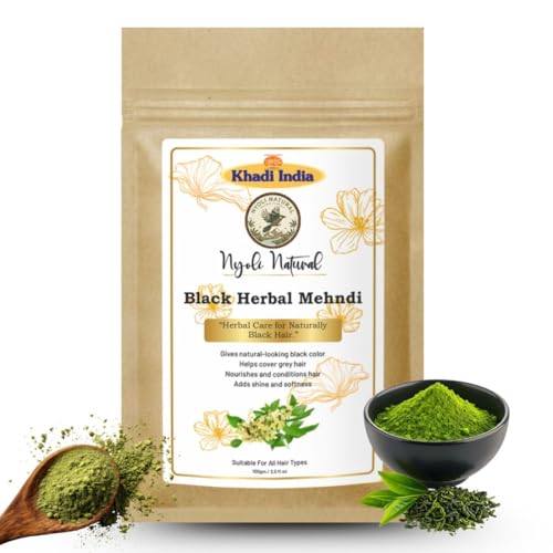 Image of Khadi Nyoli Natural Pure Black Herbal Mehendi Powder for Hair 100gm | Enriched with Amla,Shikakai,Bhringraj & Fenugreek powder| 100% Natural Ayurvedic Henna for Grey Hair Coverage | Chemical-Free & Ammonia-Free Hair Color | Long-Lasting Natural Black Hair Dye for Men & Women