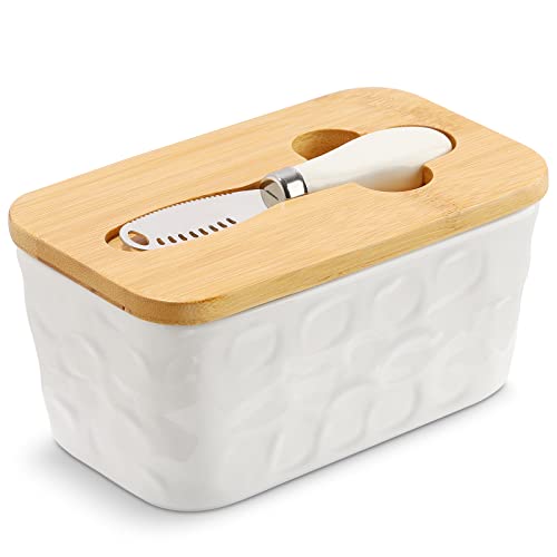 Elegante Butterdose Keramik 250g - Mit Deckel Und Messer Diamant Weiß