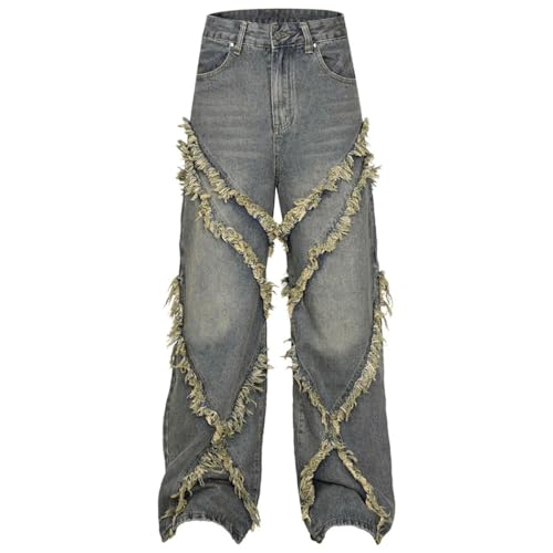 Men's Tassel Patchwork Vintage Jeans, Streetwear, Harajuku Hip Hop, Baggy Loose Fit Denim