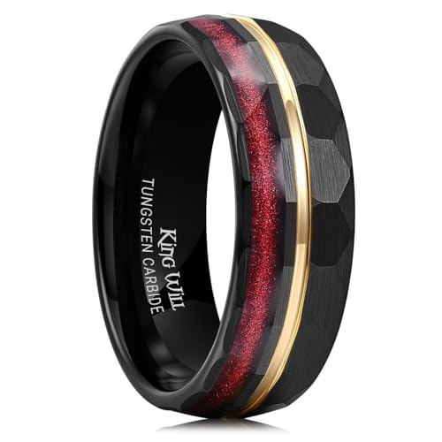 King Will 8mm Black Tungsten Ring for Men Hammered Wedding Band Engagement Rings Gold Groove Centre Red Sand Inlay Domed Style Comfort Fit Hypoallergenic Durable Size 14