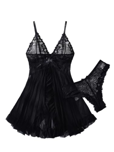 Image of Foxiny Sexy Ruffle Sheer Mesh Lace Wireless Babydoll Lingerie Dress with Thong 2 Piece