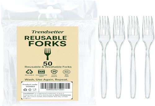 Trendsetter 50 Pieces Heavy Duty Clear Reusable and Washable Fork-Reusable Food-Safe Forks Reusable Dinner Fork Set Strong Washable & Durable Long-Lasting Cutlery