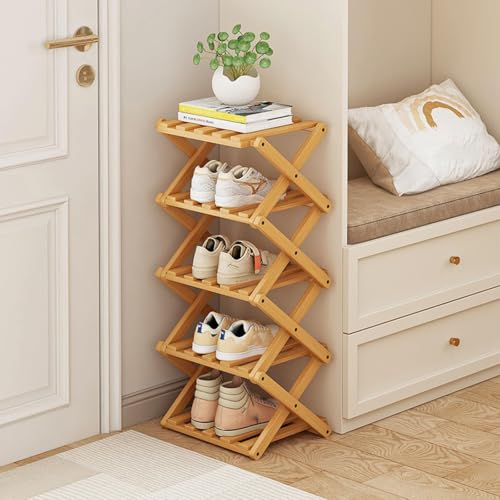 Bamboo Rack for Shoes,Foldable Shoe Rack- No Assembly Required,Tall Narrow
