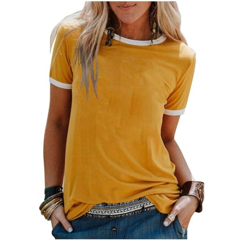 Epokay Ringer Tee Women Trendy Basic Crew Neck Color Block T-Shirt Y2K Summer Casual Comfort Short Sleeve Tops Yellow