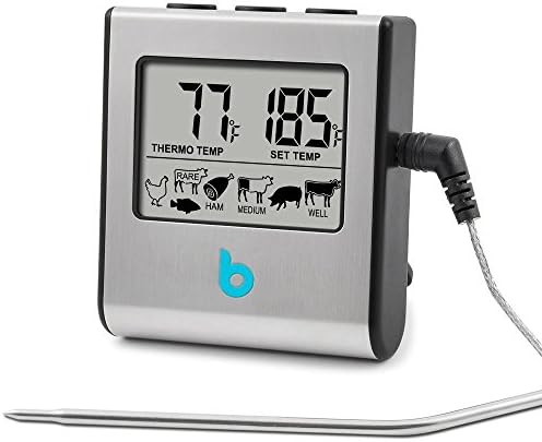 Updated Model! Professional Stainless Steel Digital Kitchen Meat Thermometer and Timer for Oven Grill BBQ Smoker with Stainless Steel Probe and Easy Read LCD Display