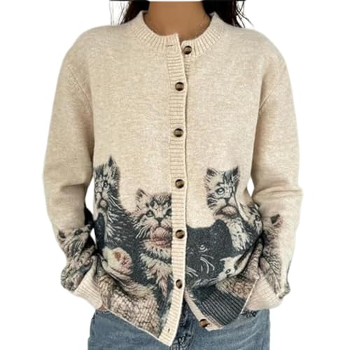 Cat Sweaters for Women Oversized Cat Cardigan Crew Button Knit Cardigan Sweater Cute Cartoon Graphic Cat Jacket4