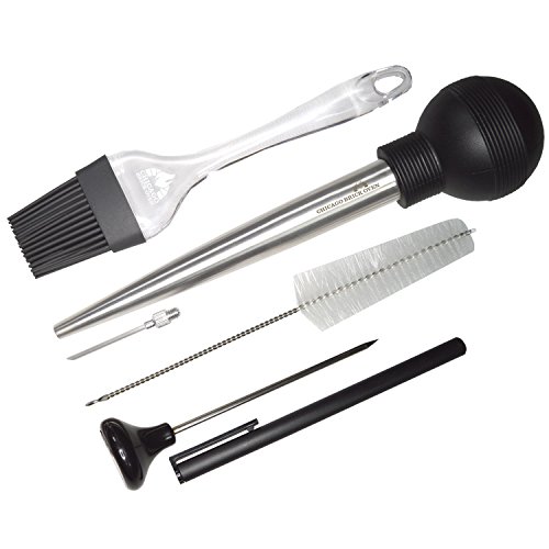Chicago Brick Oven - Kitchen Utensils Set - Stainless Steel Turkey Baster for Cooking, Meat Thermometer, Basting Syringe For Liquid, Basting Brush & Cleaning Brush - Oven & Dishwasher Safe - 5 Pc Set