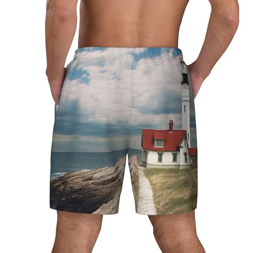 Men's Swim Trunks Quick Dry Board Shorts Lighthouse Backdrop Beach Shorts with Pocket Bathing Suits for Men3