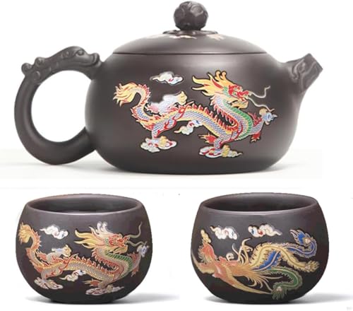 Hand-made Dragon and Phoenix Color-changing Purple Clay Teapot – Chinese Kung Fu Tea Set, Tea Lover’s Gift, Large Capacity (Teapot+2* Teacups)