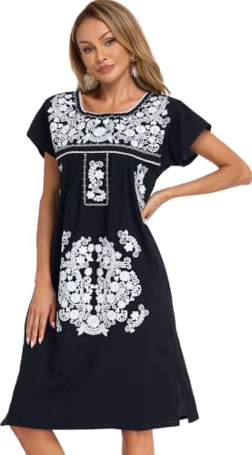 Image of YZXDORWJ Women Mexican Embroidered Long Dress Ruffle Collar Maxi Boho Floral Summer Short Sleeve