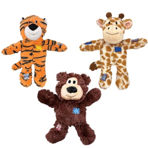 KONG Wild Knots Dog Toys 3 Pack Bear Giraffe & Tiger Durable Plush Toys with Internal Knotted Rope & Squeaker Soft Outside Tough Inside Ideal for Tugging & Chewing (Small/Medium)