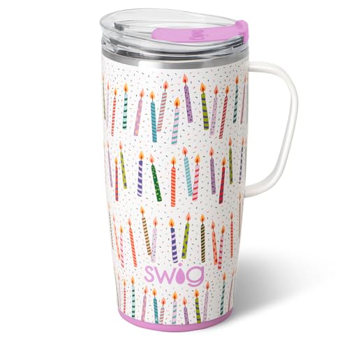 Swig Life 22oz Travel Mug, Insulated Tumbler with Handle and Lid, Cup Holder Friendly, Dishwasher Safe, Stainless Steel, Travel Coffee Cup, Insulated Mug with Lid (Make a Wish)