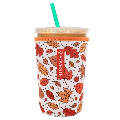 Image of Reusable Neoprene Insulator Sleeve for Iced Coffee & Cold Soda, Coffee Sleeves for Iced & Hot Drinks, Cold Beverage Cooler Compatible with Starbucks, Dunkin (Fall Leave, Medium: 22-24oz)