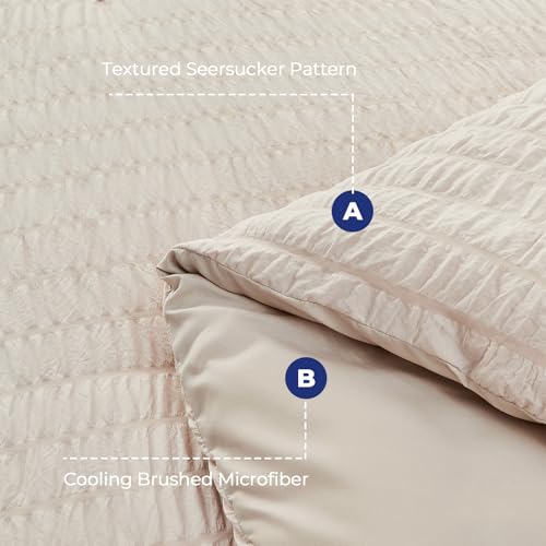 Image of HYMOKEGE Beige Full Size Comforter Sets Seersucker 7 Pieces, All Season Luxury Bed in a Bag for Bedroom, Bedding Set with Comforters, Sheets, Pillowcases & Shams