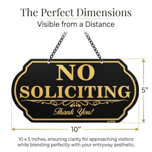 Image of No Soliciting Sign for Front Door, 10 x 5 Inch Aluminum Metal Hanging Door Sign with Chain, UV Printed Weatherproof No Soliciting Door Plaque for Home, Office, Porch, Wall or Fence