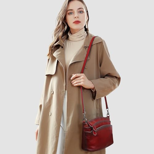 Image of HESHE Crossbody Bags for Women Genuine Leather Purses with Multi-Pockets Vintage Ladies Small Shoulder Satchel Bag