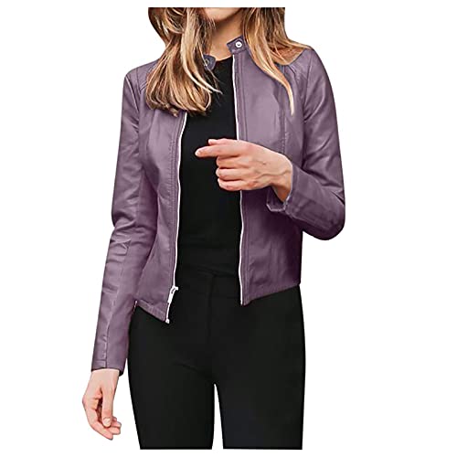 L9WEI Chaqueta de cuero para mujer, moda para mujer, chaqueta delgada, informal, manga larga, abrigo corto, básico, bomber, morado, XXL