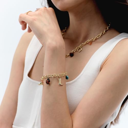KissYan Cowgirl Western Charm Bracelets, 14K Gold Plated Boot Horseshoe Turquoise Pendant Chain Vintage Jewelry Gift for Women4