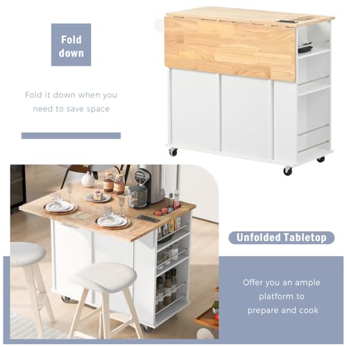 HOMIQUEEN Power Outlet Kitchen Island with Open Storage and Wine Rack, Kitchen Storage Island with Drop Leaf and 5 Wheels, Adjustable Storage for Kitchen Dining Room (White)