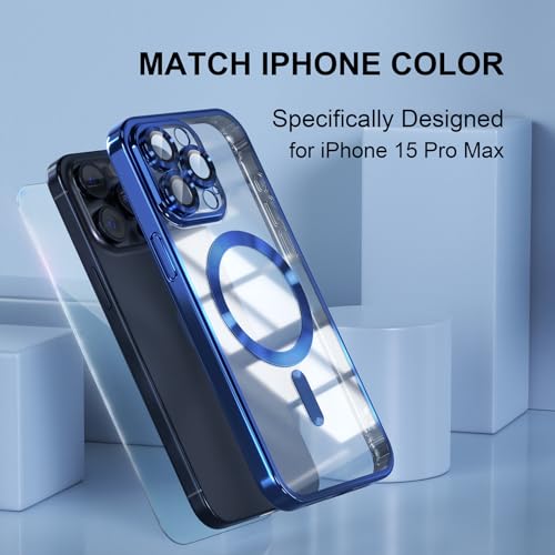 Image of Misea Magnetic for iPhone 15 Pro Max Case Compatible with MagSafe | [Never Yellowing] [Military Drop Protection] Full Camera Lens Protector Plating Soft Clear Phone Case for Women, Deep Blue