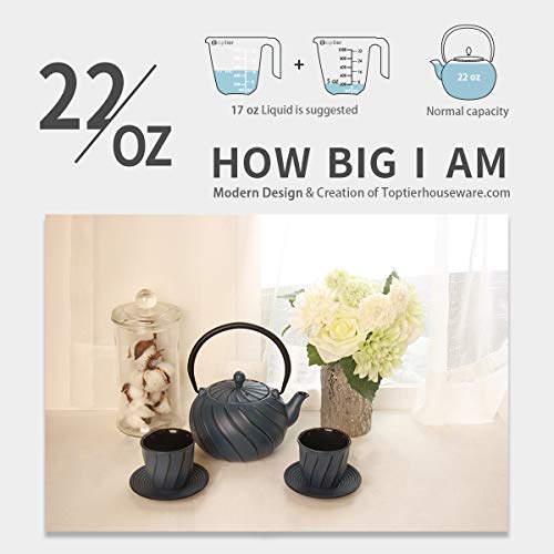 Tea Kettle, TOPTIER Japanese Cast Iron Teapot with Infuser, Stovetop Safe Cast Iron Tea Kettle, Wave Design Cast Iron Teakettle Coated with Enameled Interior for 22 oz (650 ml), Navy Blue - Thumbnail 6