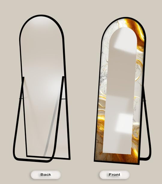 Specchio da pavimento astratto a lunghezza intera, 50 x 160 cm (larghezza x altezza), effetto marmo bianco, specchio da pavimento con cornice nera e cornice nera