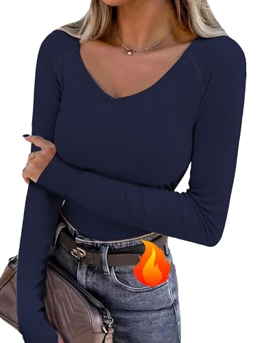 Wayleb Camiseta Térmica Mujer Manga Larga Cuello en V Ajustada Elástica con Agujeros para Los Pulgares Tops Deportivo de Invierno para Running y Gym