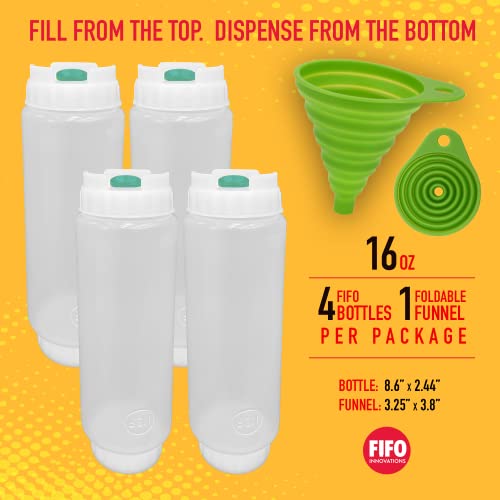 FIFO Squeeze Bottle Refillable (4 Pack) Green Dispenser for Thin Condiments, Sauces, Fluids, Oils and Dressing with Flexible Funnel