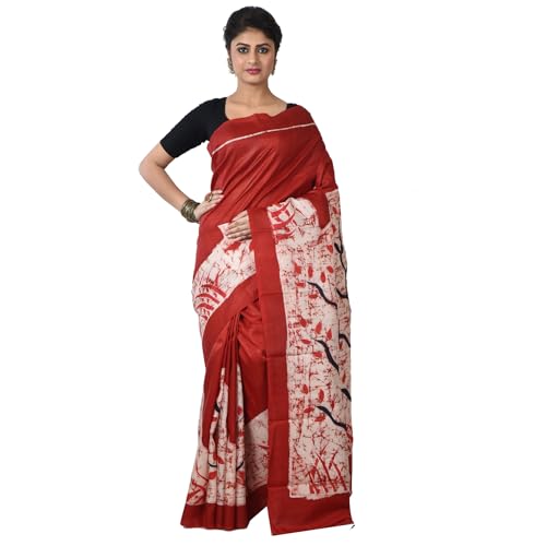 Image of 3stones Women's Mulberry Silk Saree | Printed Handwoven, Hand Batik Pure Saree with Unstiched Blouse Material Piece | Suitable for All Indian Weddings & Festivals | Traditional flower Prints
