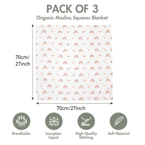 Image of GLLQUEN BABY Receiving Blanket Boy Cotton Muslin Swaddle Blankets Girl Newborn Squares Breathable & Soft Thin Baby Blankets Cloths Double Absorbent Infant Swaddling Wrap - 3 Pack (Sun)