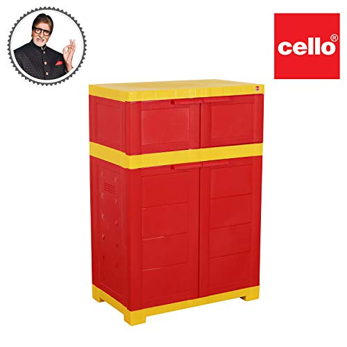 Image of Cello Novelty Dual Plastic Shoe Rack with Dustproof Doors| 3 Year Warranty | Chappal /Slipper /Footwear Stand for Home, Living Room, Office, Outdoor| Red & Yellow Colour