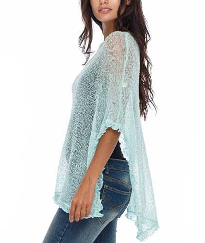Image of SHU-SHI Women's Sheer Knit Poncho Shrug Lightweight Asymmetrical Ruffle Wrap Dressy Summer Shawl Cover Up Top
