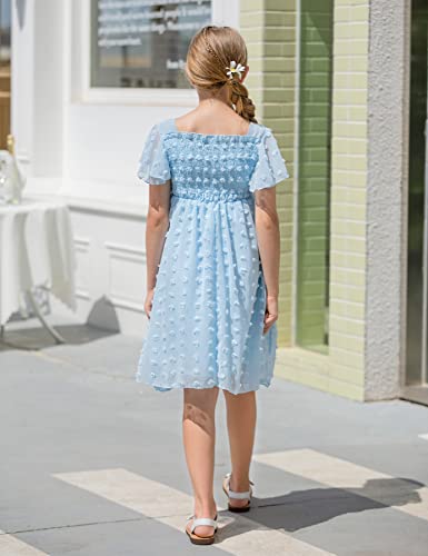 Pure Blue Chiffon Sundress 12 13 Year Old Young Girls Elegant Flutter Short Sleeve Square Neck Flower Dresses Size 12 13 Teens Tulle Midi Dress Special Occasion Banquet Plain Frocks #TOP3