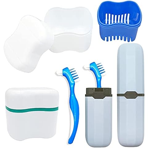 Denture Case Kit, 2 Denture Bath Cups with 2 Denture Brush & 2 Portable Toothbrush Box, Denture Brush Retainer Bath with Lid, Retainer Cleaning Denture Boxes, Toothbrush Kit for Travel Cover
