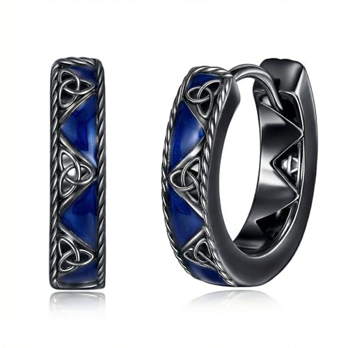 Boucles d'oreilles créoles celtiques bleues homme argent noir 925 anneaux