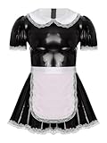 YONGHS Men's Short Sleeve Shiny Latex French Maid Uniform Crossdressing Sissy Lingerie Fancy Dress Outfits Black X-Large