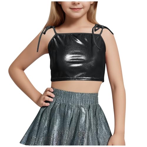 Girls Shiny Metallic Sequin Spaghetti Straps Tops Kids Lace Up Sleeveless Y2K Streetwear Crop T-Shirts Dancewear Tees
