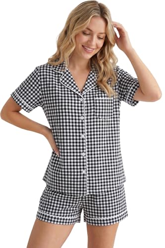 Image of LUBOT 100% Cotton Pajamas for Women 2 Piece PJ Set Button-Down Soft Knit Short Sleeve Summer Sleepwear Loungewear XS-XXL