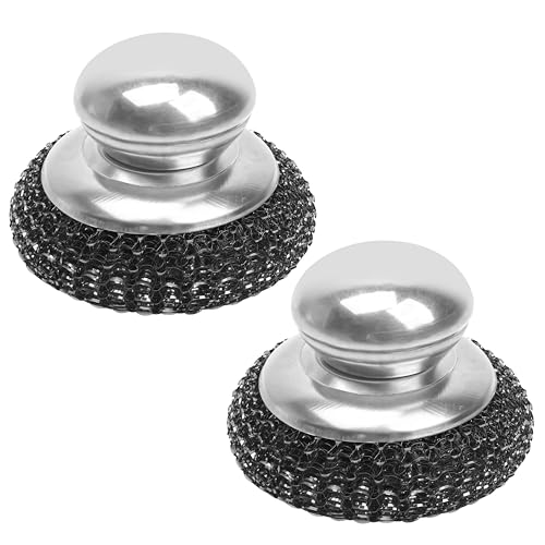 2pcs Stainless Steel Wool Scrubber Scouring Pads Pot Cleaner with Handle, Metal Mesh Wire Sponges Brush Replacement for Cleaning Cast Iron Pans Stove Kitchen Dishes Pots Grills Stoves Sink (Black)