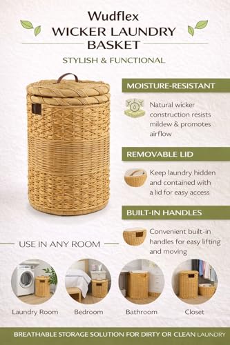 Image of wicker Round Laundry Basket with Lid| laundry basket with lid | storage basket Laundry Hampers(17 inchL x x 25 inchH) (Beige) (Beige)