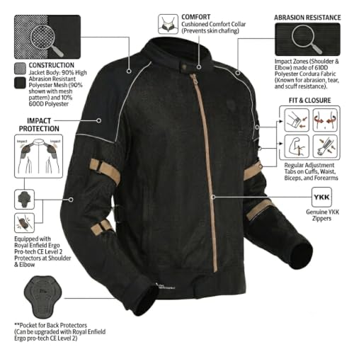 Image of Royal Enfield STREETWIND V3 RIDING JACKET | High Abrasion Polyester Mesh | 610D Cordura Impact Zones | CE Level 2 Ergo Pro-Tech Armours | Adjustable Fit | Cushioned Comfort Collar | BLACK & SAND XL | Protective gear for bike riding