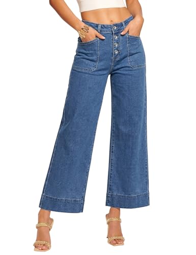 luvamia Wide Leg Jeans for Women Cropped High Waisted Trendy Button Fly Patch Pocket Stretchy Denim Pants Trousers Jeans