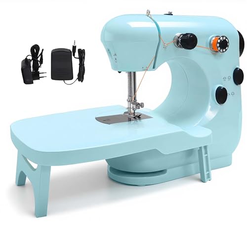 Einfache Nähmaschinen, ideal für Anfänger, 12 integrierte Stiche, Basis-Nähset im Lieferumfang enthalten, 2 Geschwindigkeits-Fußpedale, perfekt für den Heimgebrauch (Blau/Weiß)