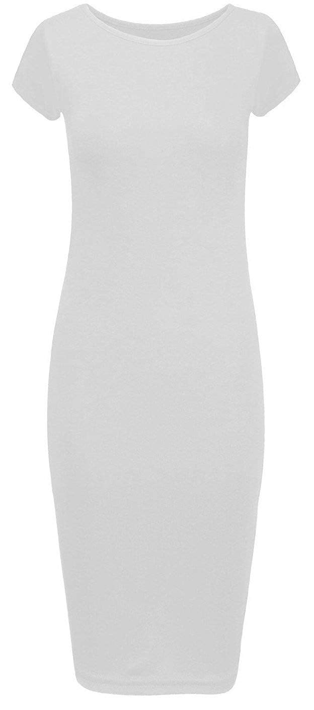 Crazy Girls Girls White Plain Crazy Womens Cap Sleeve Stretch Bodycon Wiggle Pencil Long Midi Dress 8-22 (S/M-Uk8/10, )