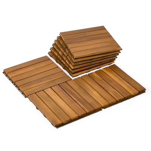 Upolana 9 PCS Interlocking Deck Tiles 12 x 12, Outdoor Flooring Acacia Wood Patio Tiles, Waterproof Patio Flooring Decking for Balcony Backyard, Indoor and Outdoor Use - S37102