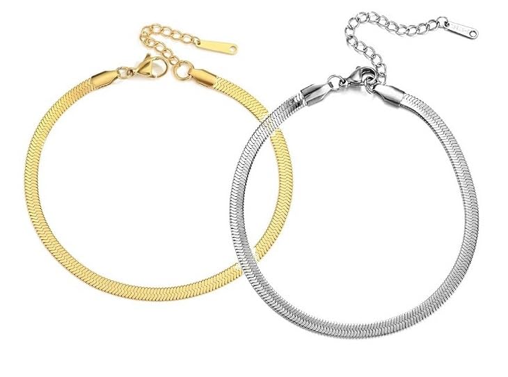 (1 Pair) Anti-Tarnish Silver & Gold Plated 4mm Width 8" Inch Long Size Stainless Steel Thin Flat Blade Sleek Snake Herringbone Chain Foot/Leg Payal Pajeb Anklets Cum Bracelet-image-37