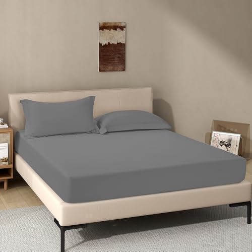 Image of Dark Grey Fitted Sheet,Twin Size Fitted Sheet with Deep Pocket 18 inch,Ultra Soft & Breathable FittedSheet Easily Fits 18 inch to 24 inch Mattress